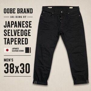 OOBE Brand Mens Japanese Selvedge Tapered Jeans Black 38x30 Red Line Slub
